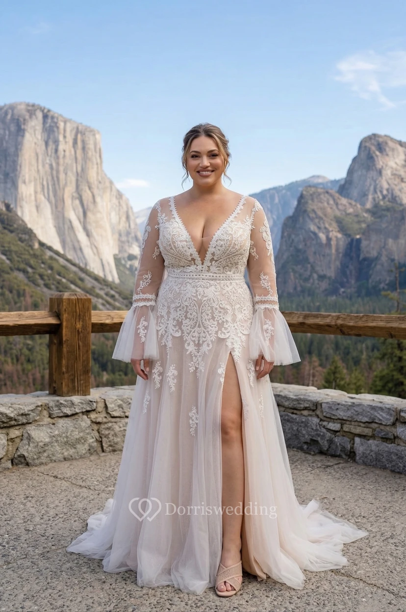 Plus Size Long Sleeve Lace Wedding Dress with Deep V-Neck and Split Front