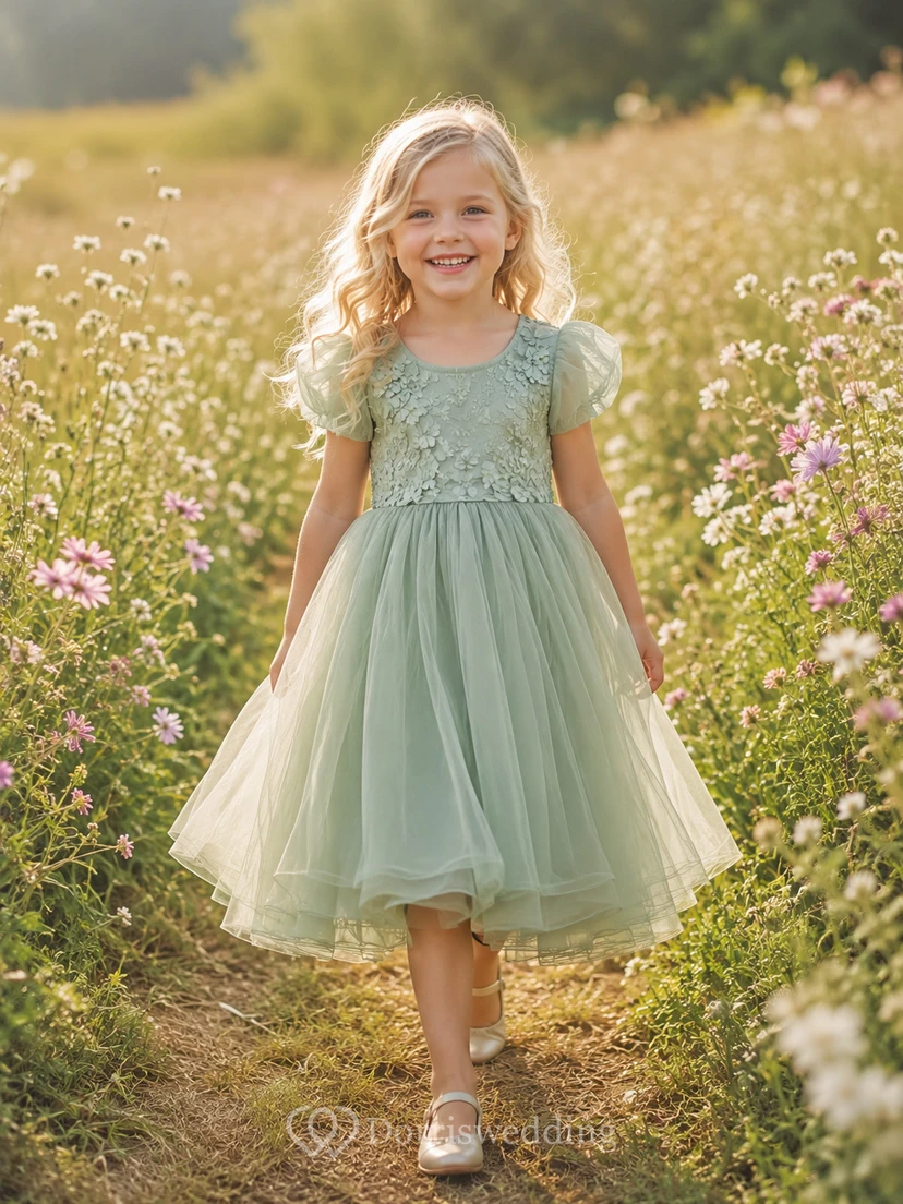 Flower Girl Dress Sage Tulle A-Line Jewel Neck Tea Length Bow Back