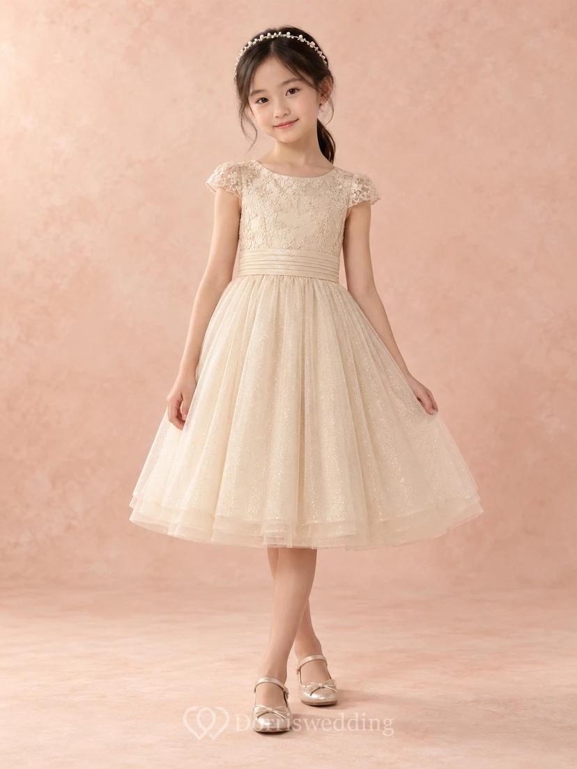 Knee-length Champagne Floral A-line Tulle Lace-bodice Cap-sleeve Pleated-waist Flower Girl Dress
