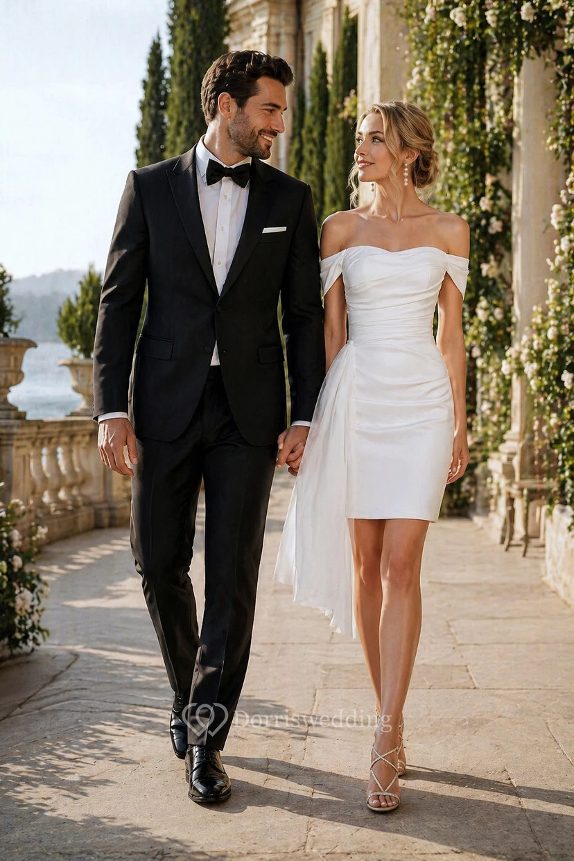 Simple Ruched Off-the-shoulder Pencil Short Wedding Dress view 3