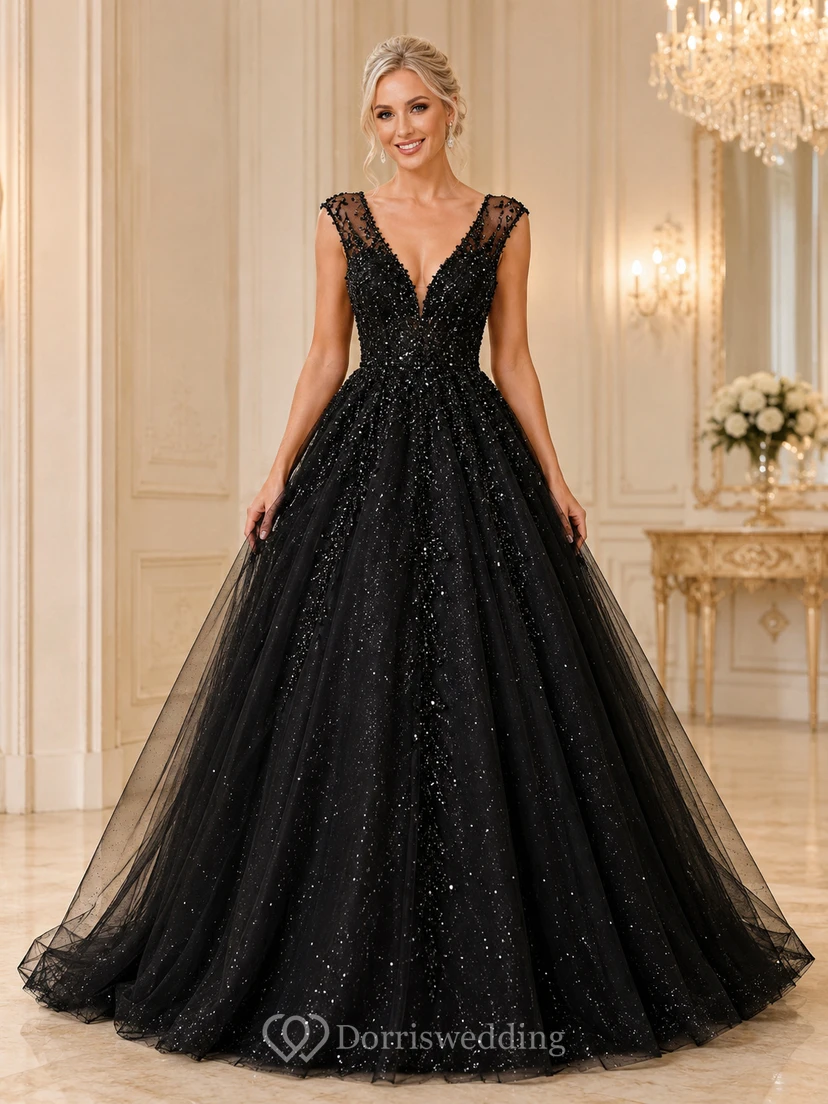 Sternenklares Atrium Schwarzes Ballkleid Bodenlang V-Ausschnitt Ärmellos Tüll Luxus Abiballkleid