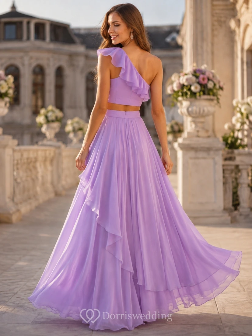 Lavender One Shoulder Two Piece Tiered Tulle Prom Dress Classic view 2