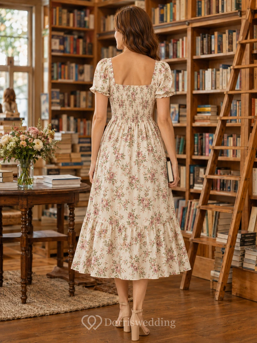 Cream floral square neck puff sleeve bookstore midi dress view 2