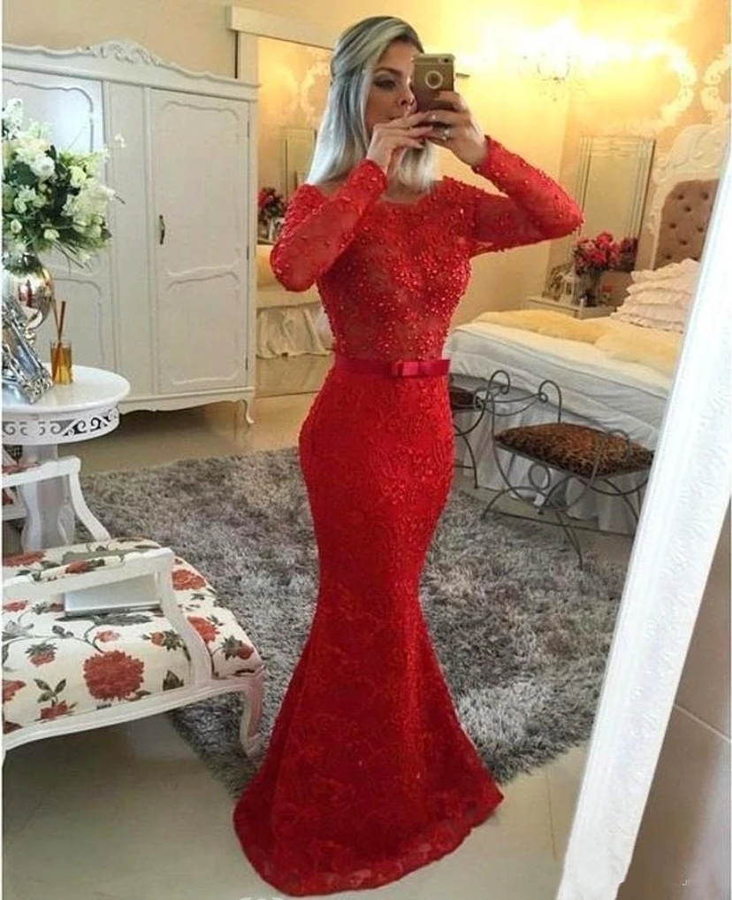 Glamorous Jewel Mermaid Red Pom Dress Long Sleeve With Beadings