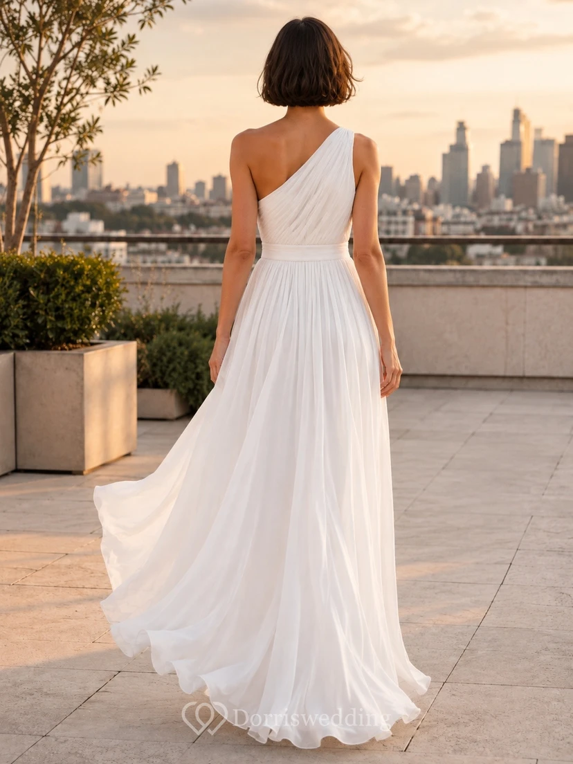 White Chiffon One-Shoulder Sleeveless A-Line Floor-length Flowing Dress view 2