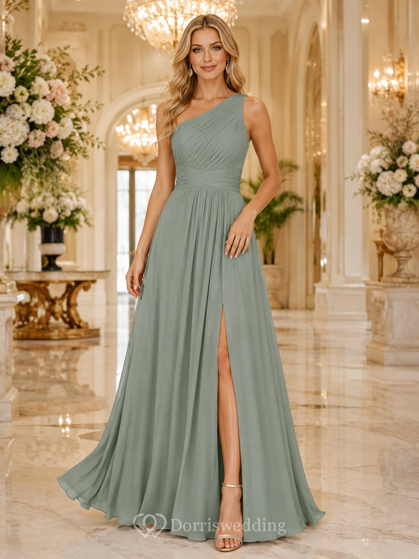 Evening Gala Formal Sage Simple Elegant A-Line Chiffon Bridesmaid Dress with One-Shoulder Sleeveless Floor-Length Slit Skirt Pleated Open Back