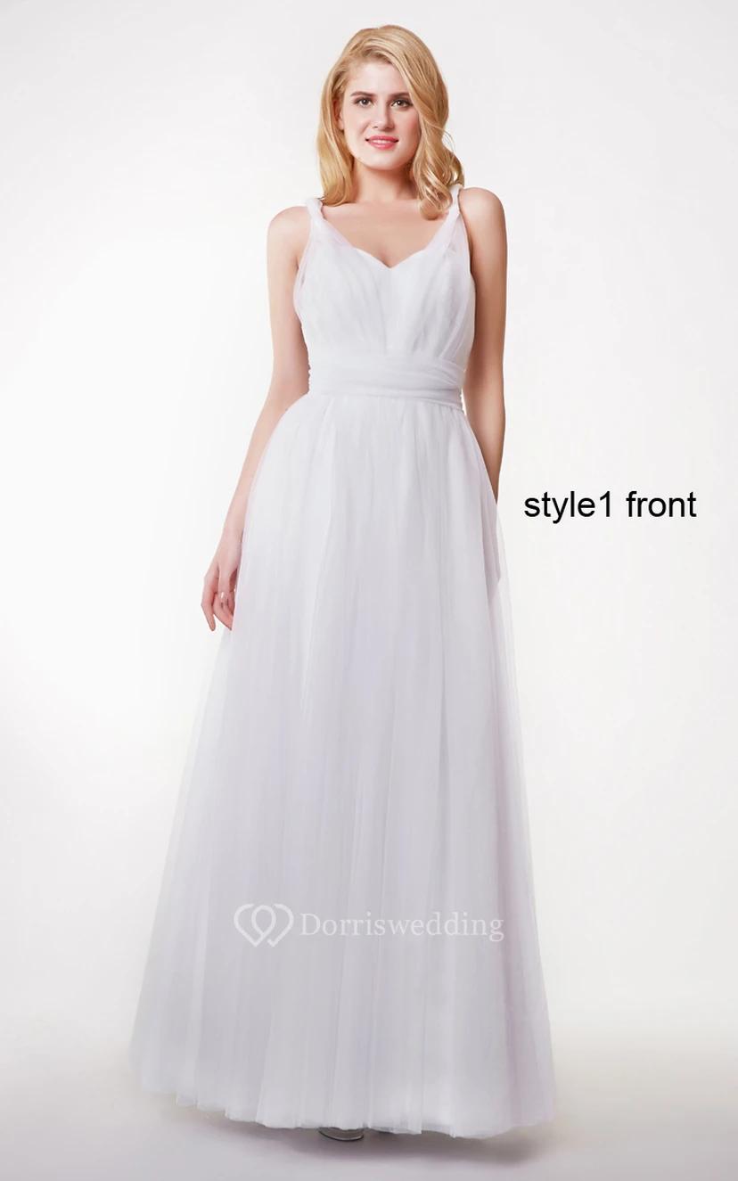 Beautiful Sleeveless A-line Pleated Tulle Gown With Convertible Straps view 2
