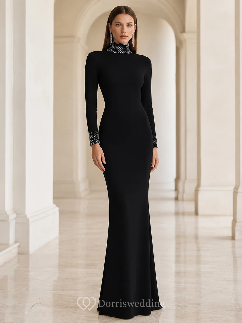 Black high neck long sleeve floor length mermaid gown