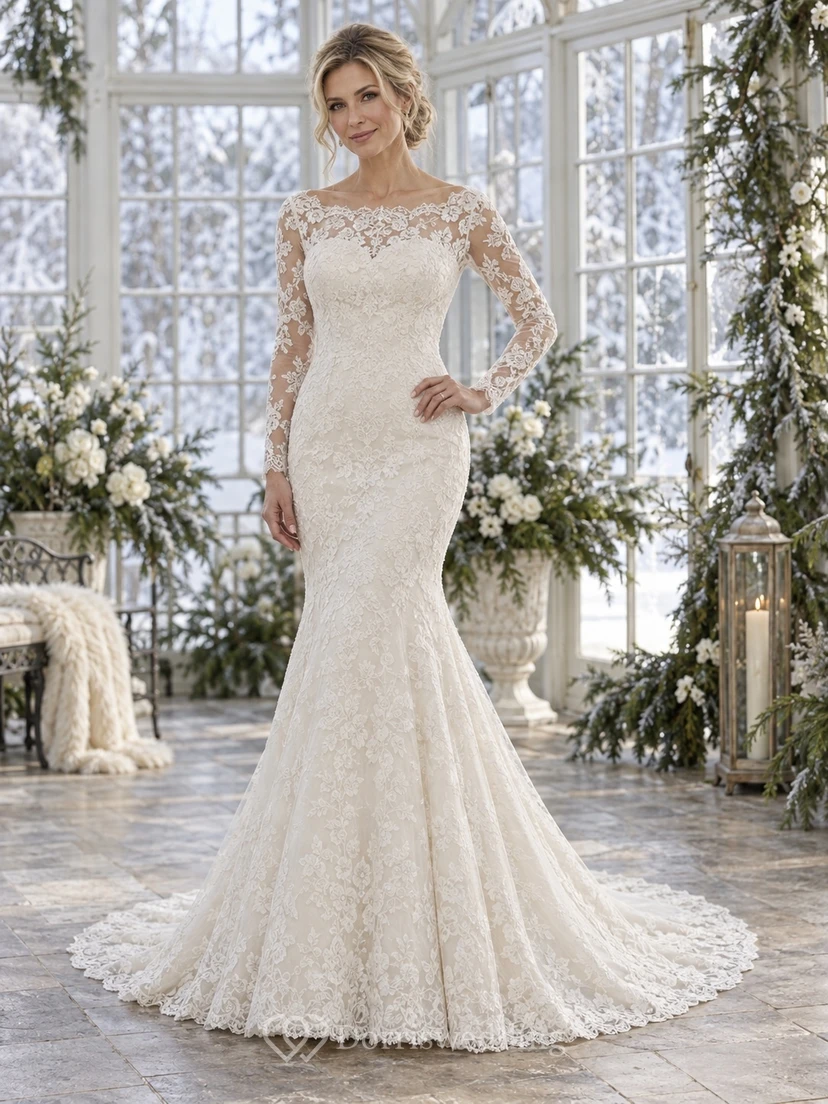 Vestido de novia de sirena con cola de encaje, mangas largas y escote barco festoneado