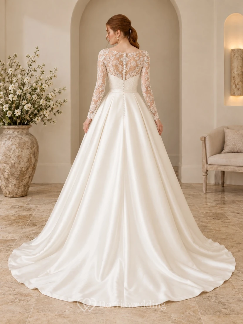 Brautkleid aus Satin mit A-Linie, langen Ärmeln, A-Linie, Schleppe und Spitzenbesatz view 2
