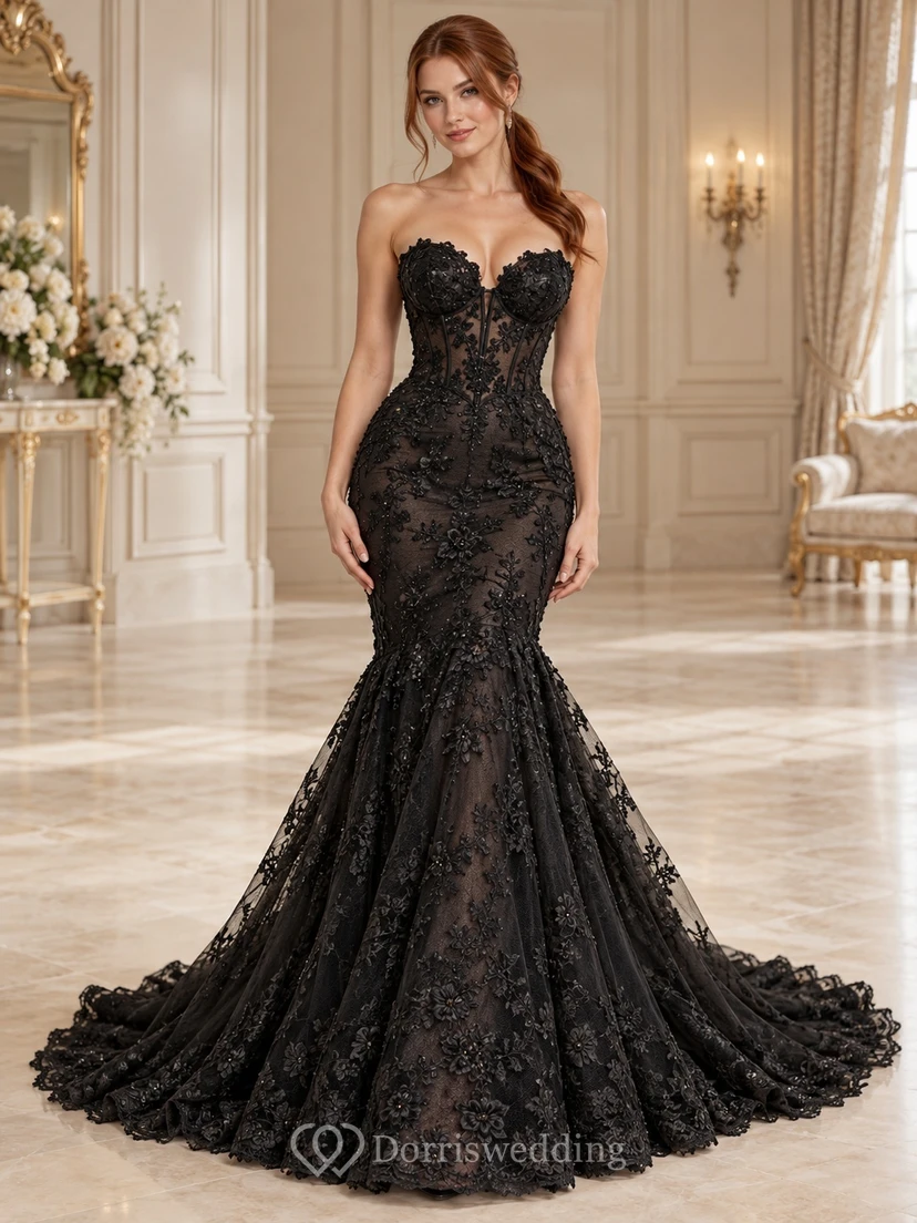 Schwarzes Meerjungfrauen-Brautkleid, trägerlos, mit Herzausschnitt, floraler Spitze und Schleppe