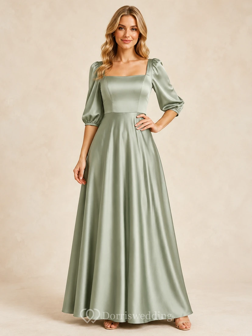 Robe de soirée en satin sauge à col carré et manches bouffantes