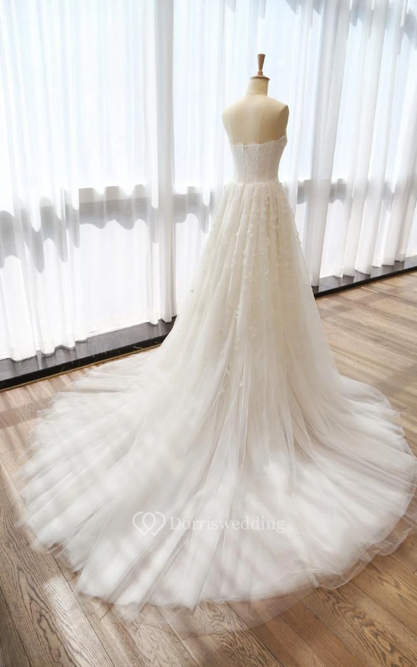 A-Line Tea-Length Sweetheart Sleeveless Bell Flower Zipper Keyhole Tulle Lace Satin Dress view 5