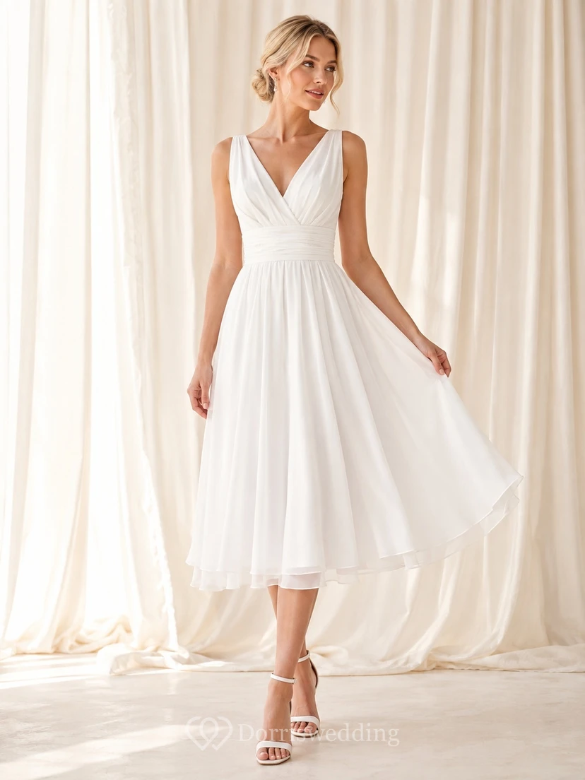 Weißes, ärmelloses Chiffon-Gästekleid in A-Linie mit V-Ausschnitt und Teelänge