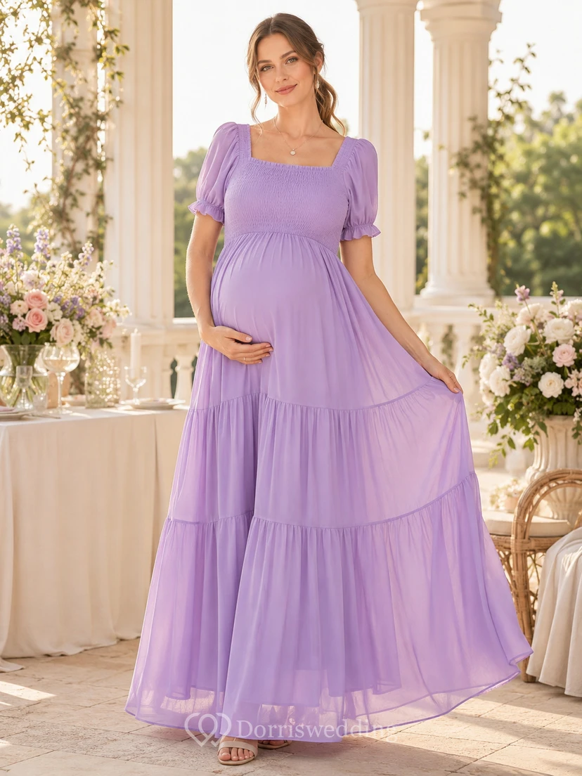 Vestido largo de gasa escalonado de manga abullonada y cuello cuadrado, estilo romántico, para premamá, color lavanda.