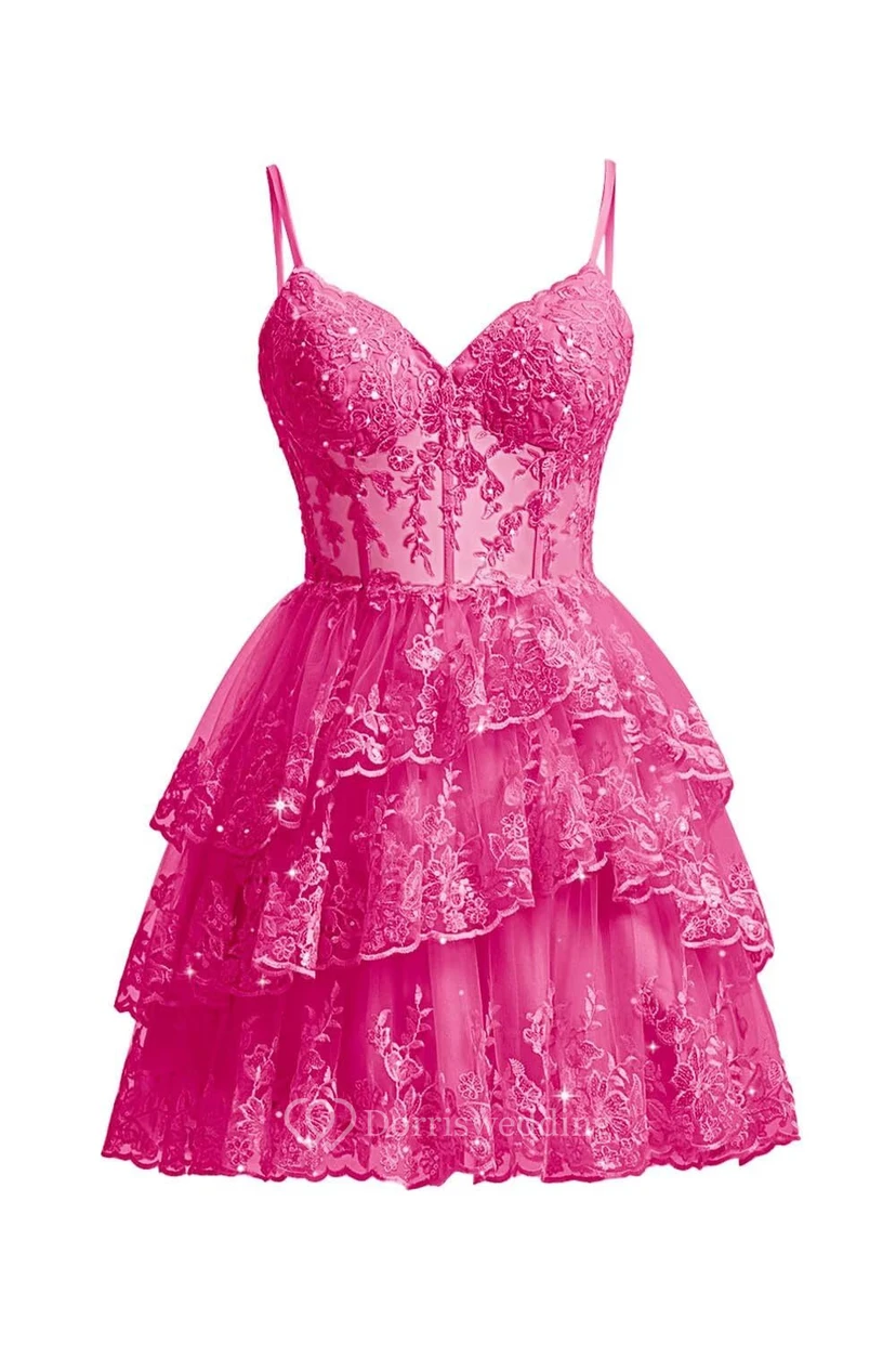 Robe de cocktail en dentelle violette à volants view 12