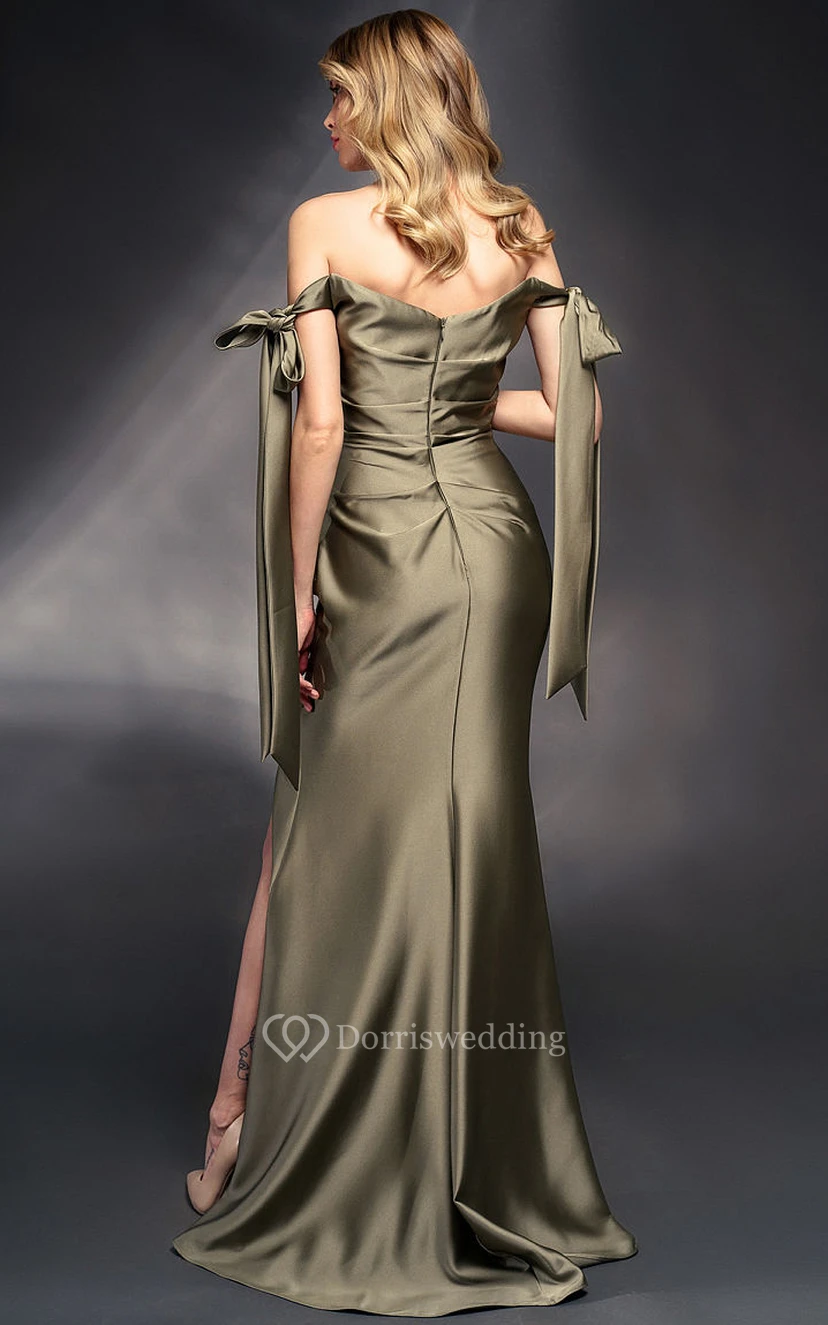 Off-the-shoulder Side-Draped Sheath Dress with Slit Front and Bow view 2