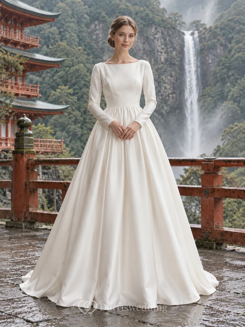 Schlichtes, elegantes Brautkleid aus Satin mit langen Ärmeln und U-Boot-Ausschnitt in A-Linie