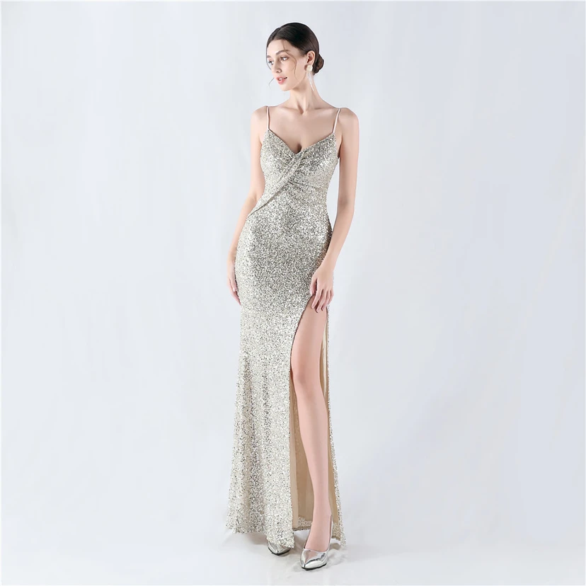 Robe de soirée sexy à sequins et fente haute, avec bretelles et encoche cryptée view 56