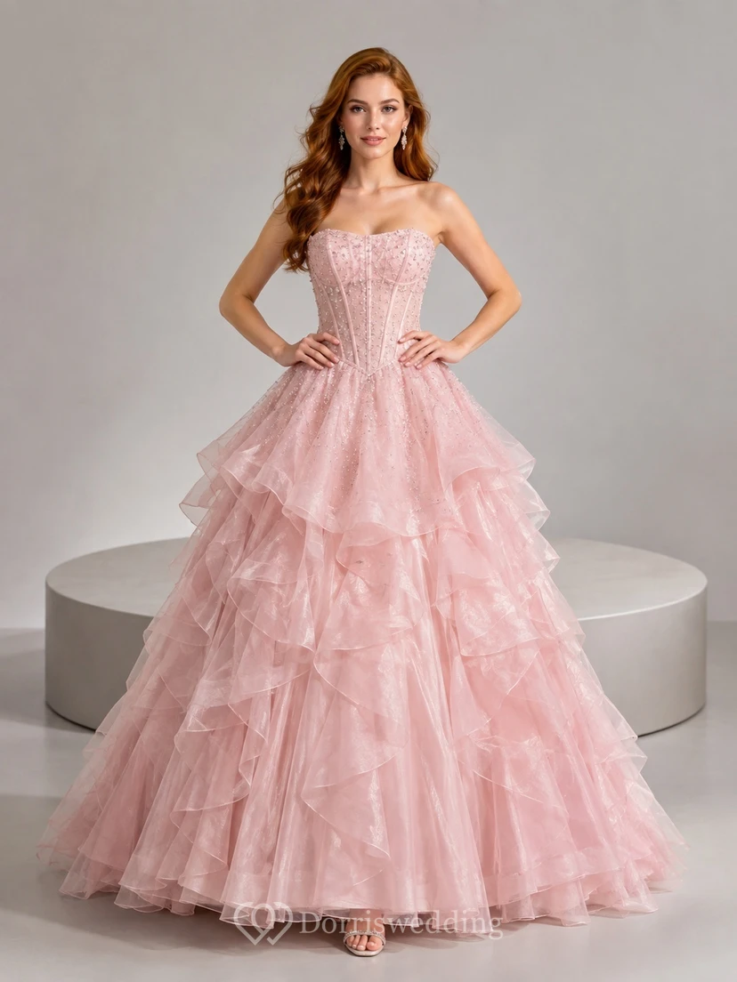 Blush Ruffled Tiered Tulle Quinceanera Ball Gown Formal Prom Dress