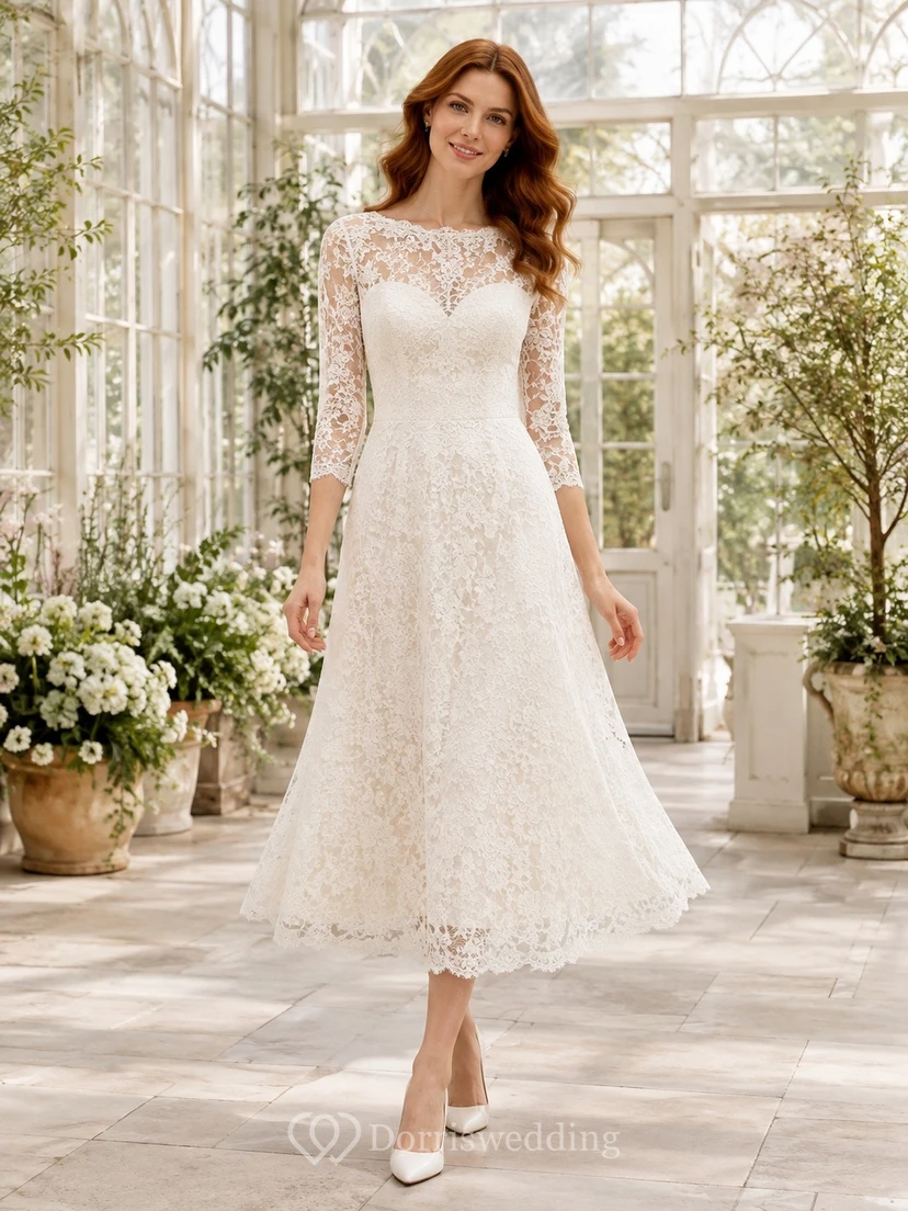 Bohemian Civil Lace A-Line Tea-Length Illusion Neck Long Sleeve Wedding Dress