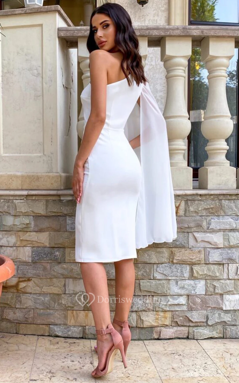 Elegant Pencil Chiffon One-shoulder Sleeveless Wedding Dress with Open back view 3