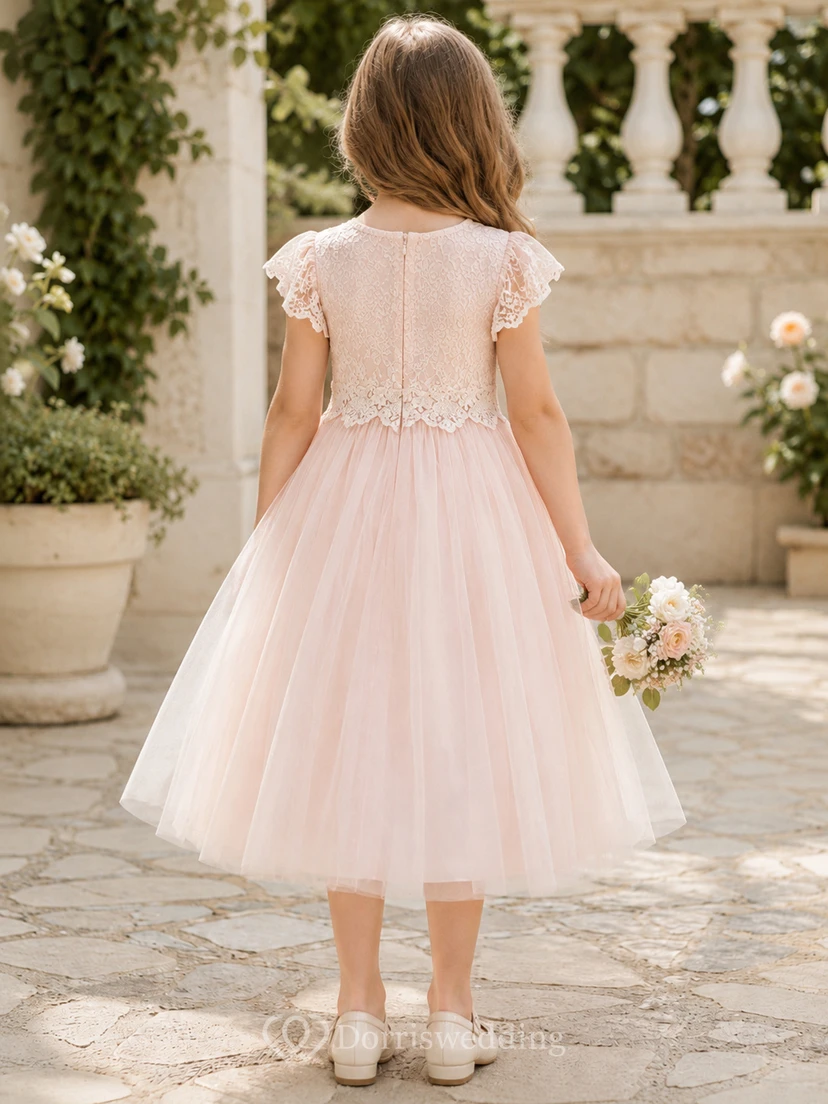 Blush Lace Bodice Tulle A-Line Flower Girl Dress with Short Sleeves, Jewel Neck and Tea-Length Skirt view 2