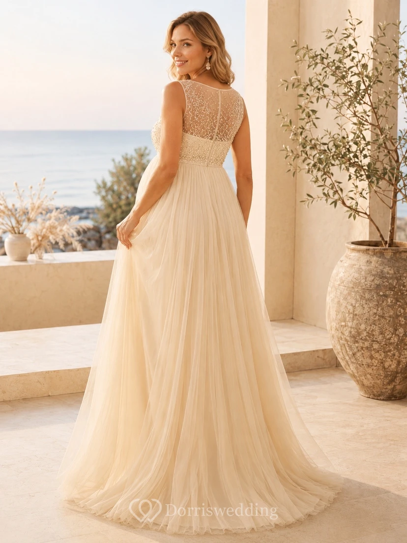 Maternity Empire Illusion Beaded Tulle Floor Length Formal Evening Gown view 2