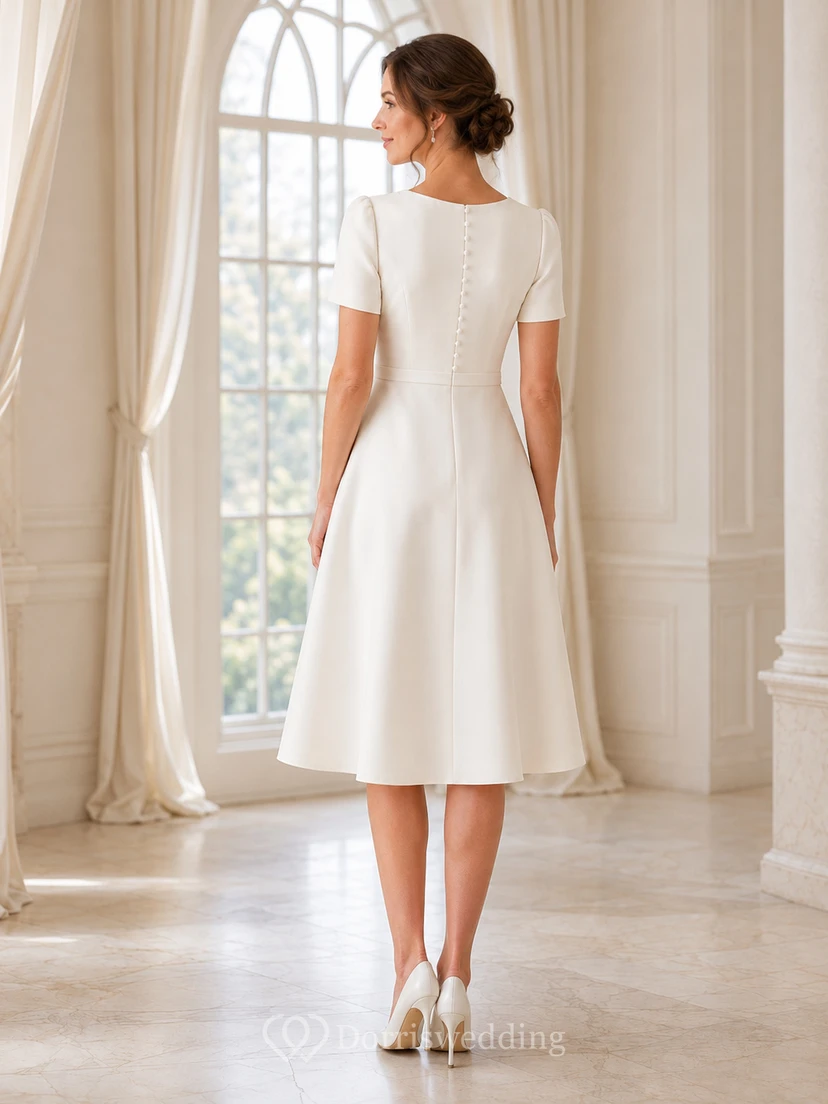 Vestido de novia modesto de satén de manga corta con escote barco y largo hasta la rodilla para recepción en el juzgado view 2