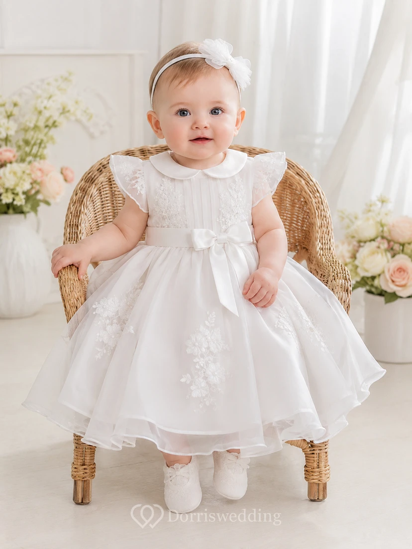 Baptism Dress A-Line Organza Tulle Jewel Neck Short Sleeve Bow Back