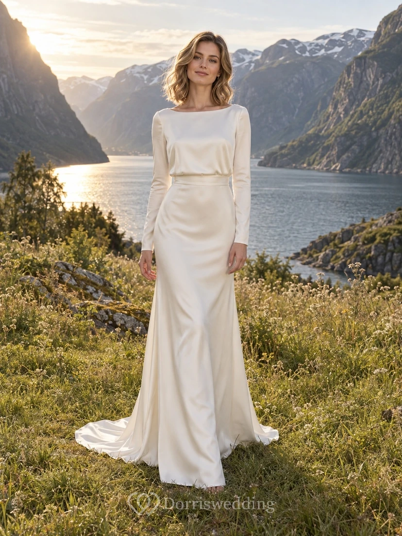 Vestido de novia de manga larga estilo barcoau charmeuse con cinturilla y espalda con botones forrados