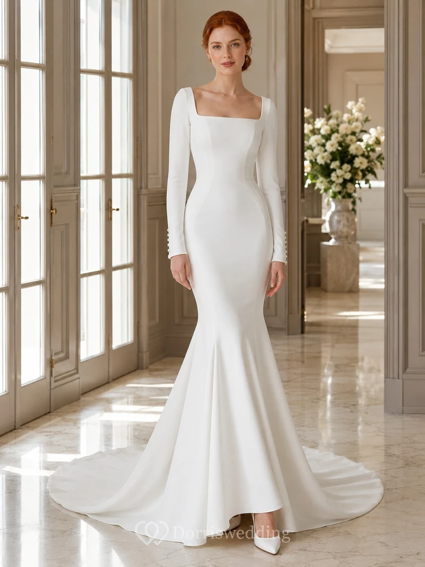 Minimalistisches Brautkleid aus Crêpe mit eckigem Ausschnitt, langen Ärmeln, Meerjungfrauenschnitt und Schleppe