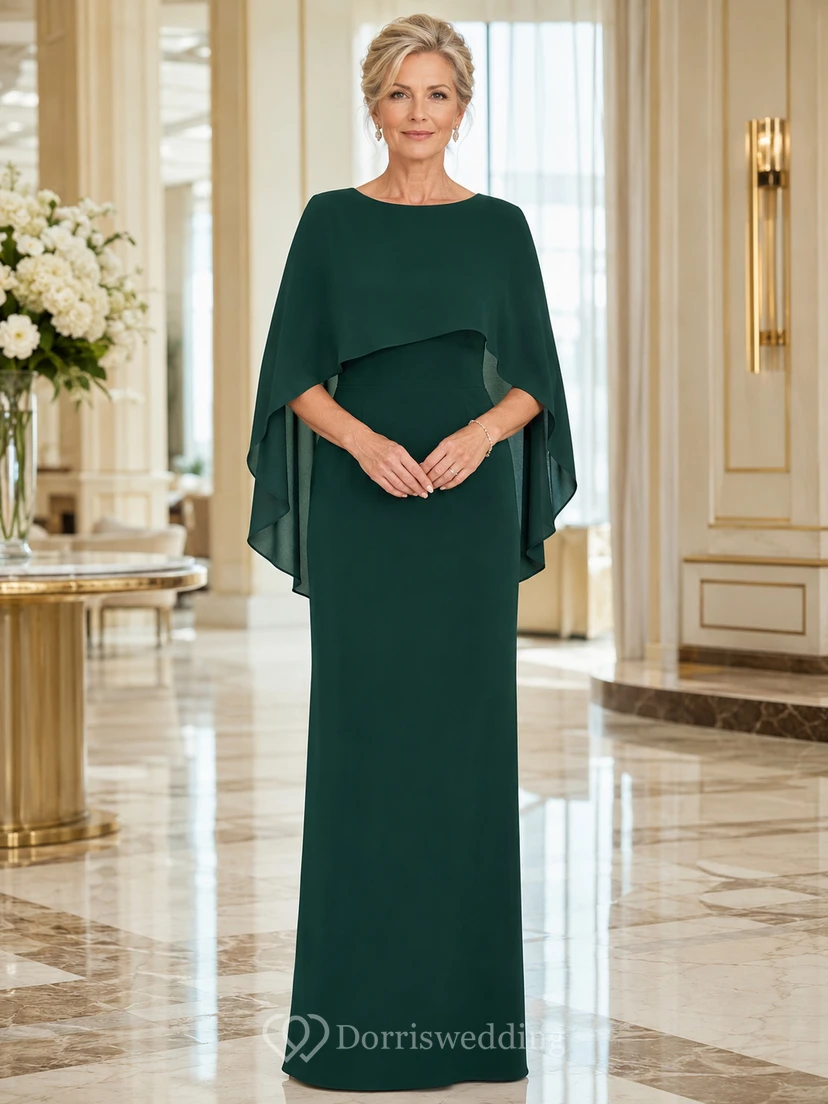 Dark Green Floor-Length Sheath Simple Mother of the Bride Gown with Scoop Neck Elbow Cape Overlay and Closed Back