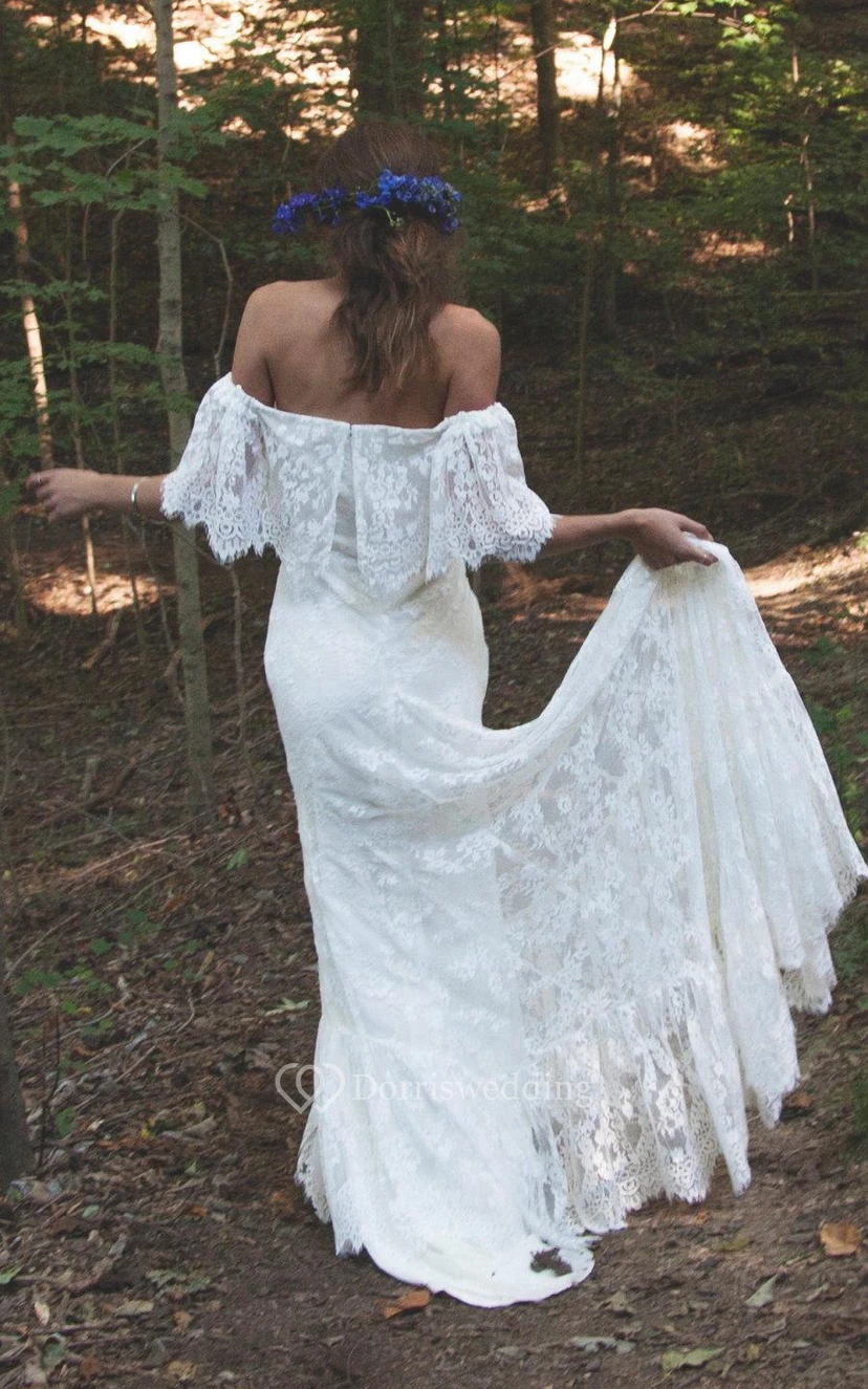 Boho Off-Shoulder Sheath Scalloped Lace Wedding Dress With Long Train view 3