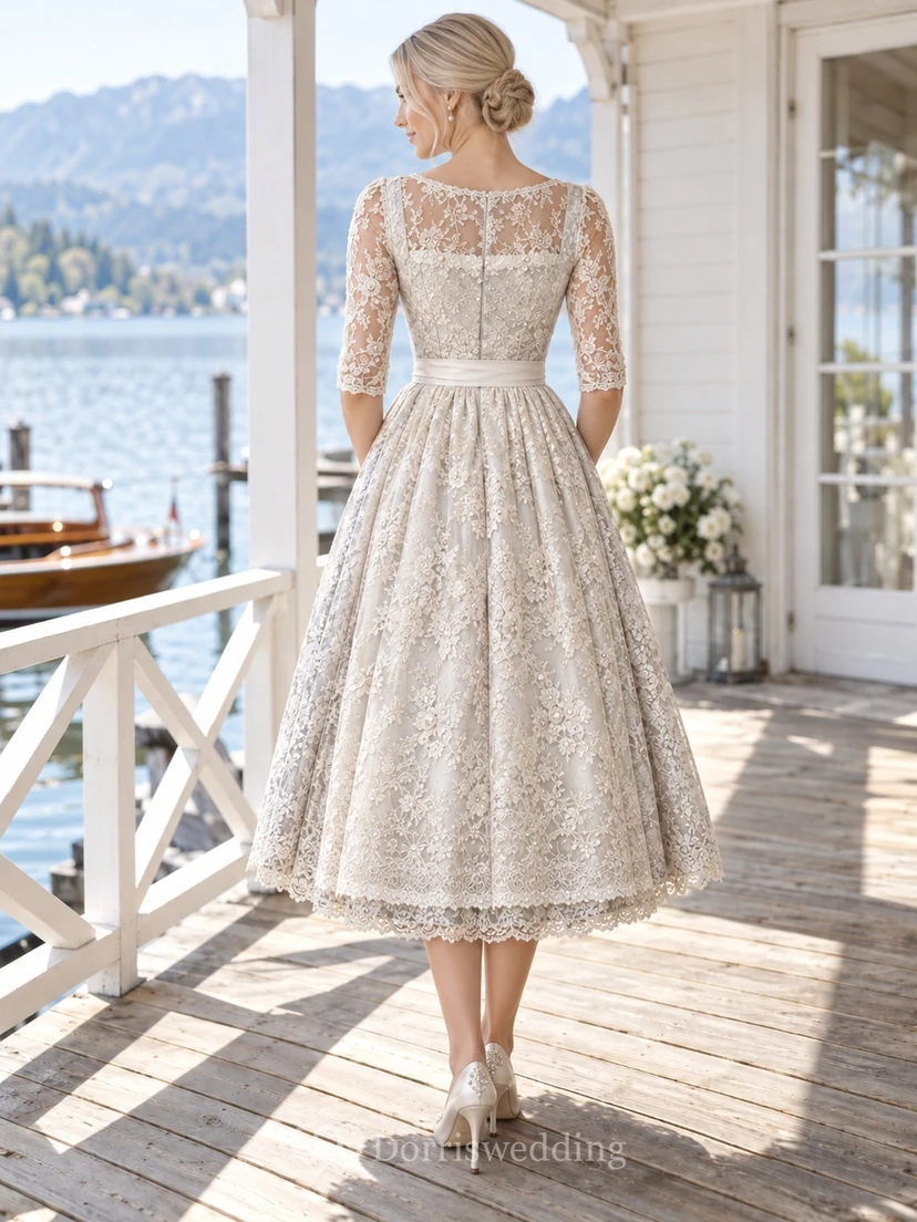 Tea-length Modest Country Jewel Neck Lace Sleeve Dirndl Wedding Dress view 2