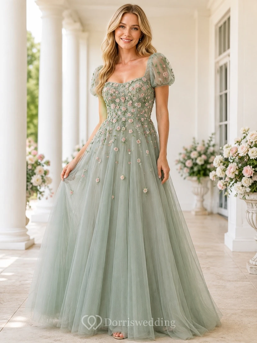 Sage Green Lace Puff Sleeve Tulle A-Line Evening Gown Dress