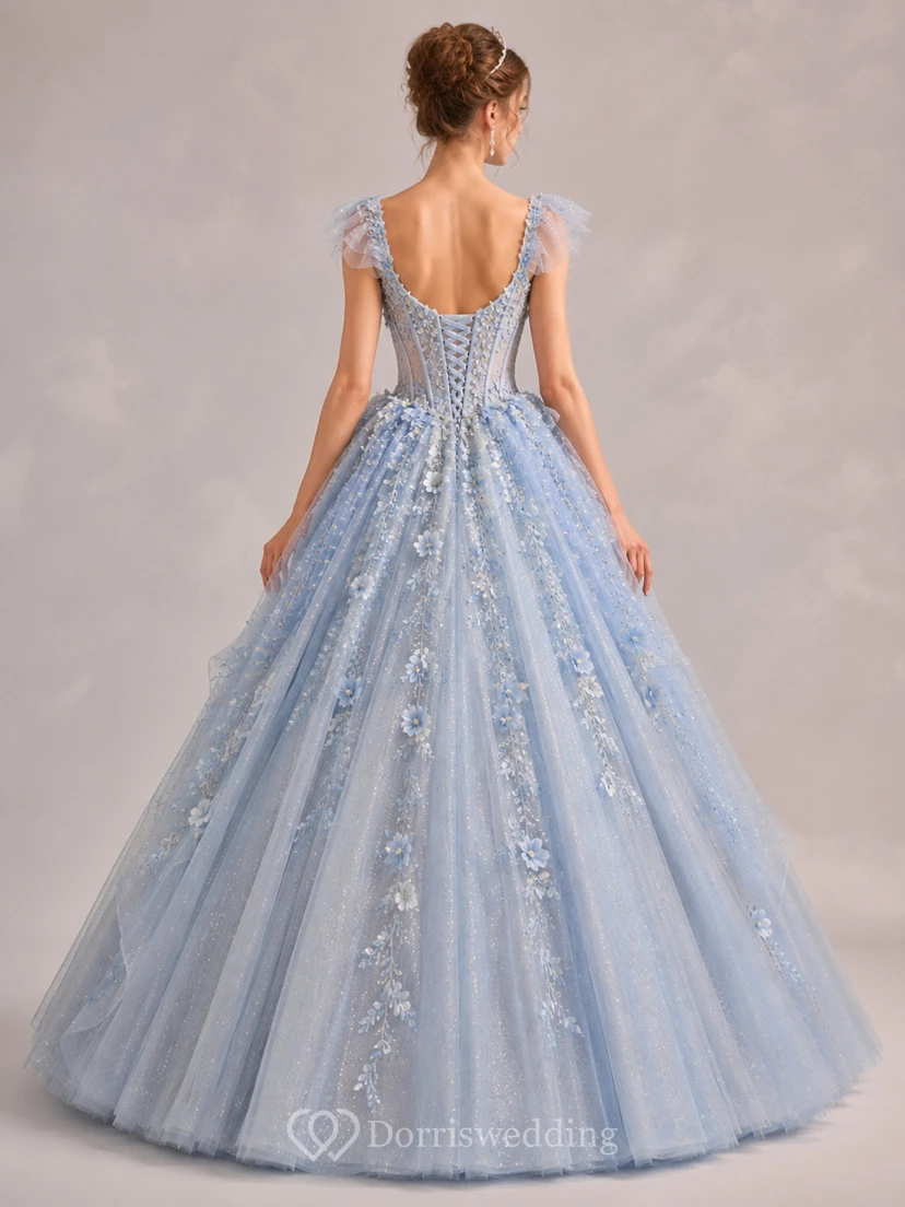 Ballkleid aus Spitze mit V-Ausschnitt, kurzen Ärmeln und applizierten Blumen, bodenlang view 2