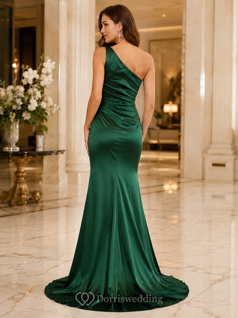 Dark Green One Shoulder Satin Slit Evening Dress view 2