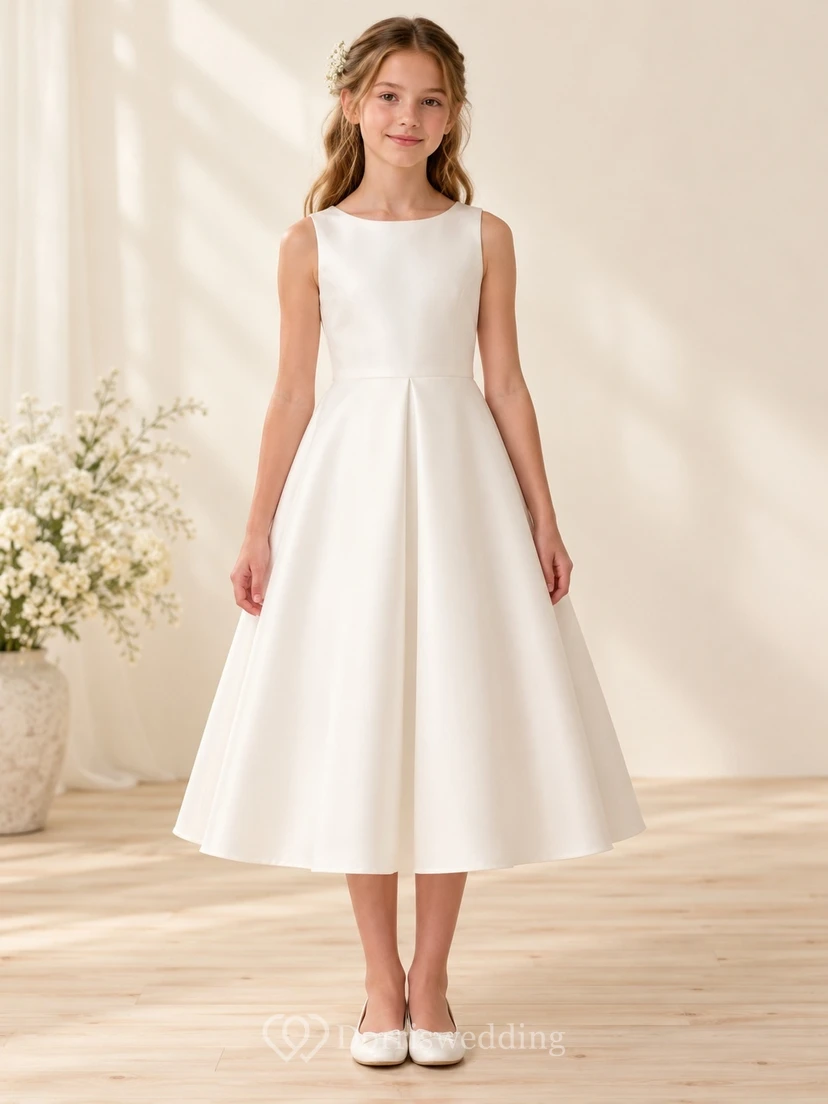 Simple Tea-length Ivory Sleeveless Bateau Center Pleat Satin Natural Waist Flowergirl A-Line Dress