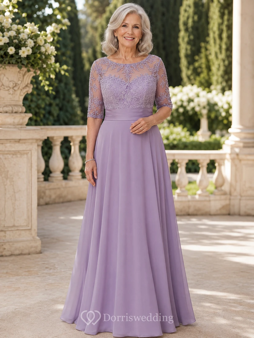 Lavender lace illusion sleeve chiffon A line grandmother gown