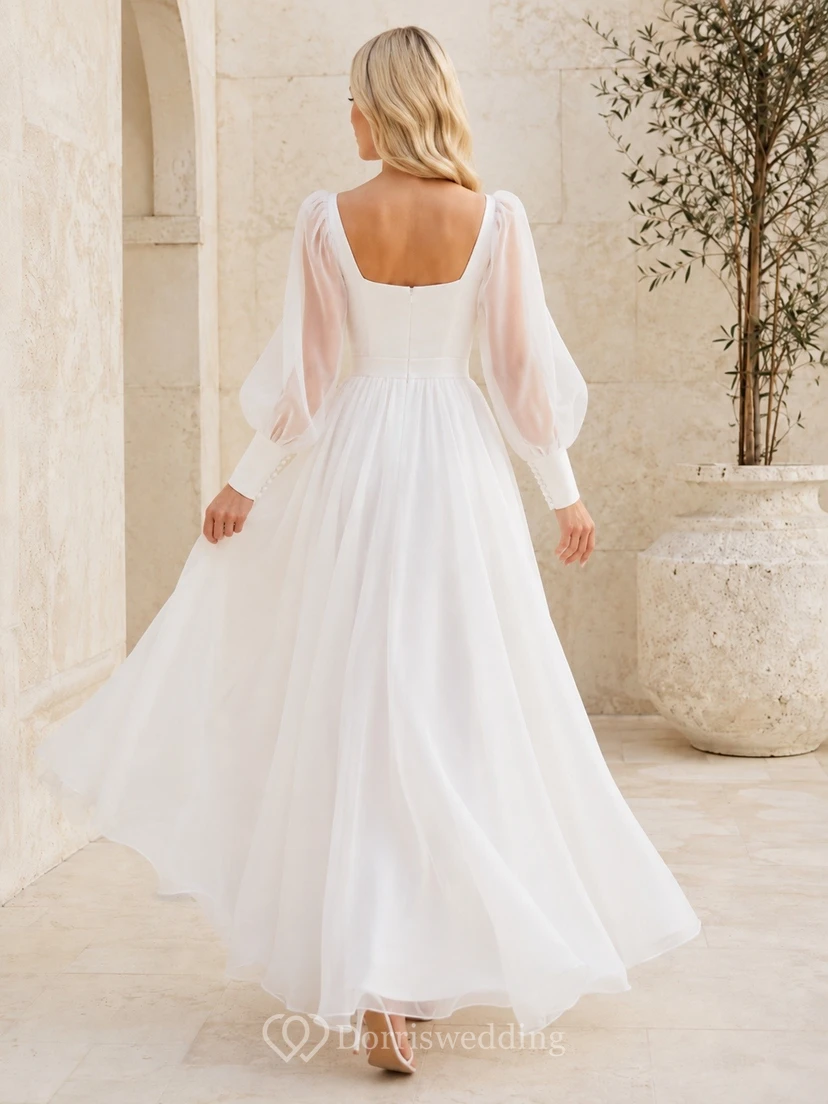 Romantic White Square Neck Long Sleeve Tulle Ball Gown Formal Dress view 2