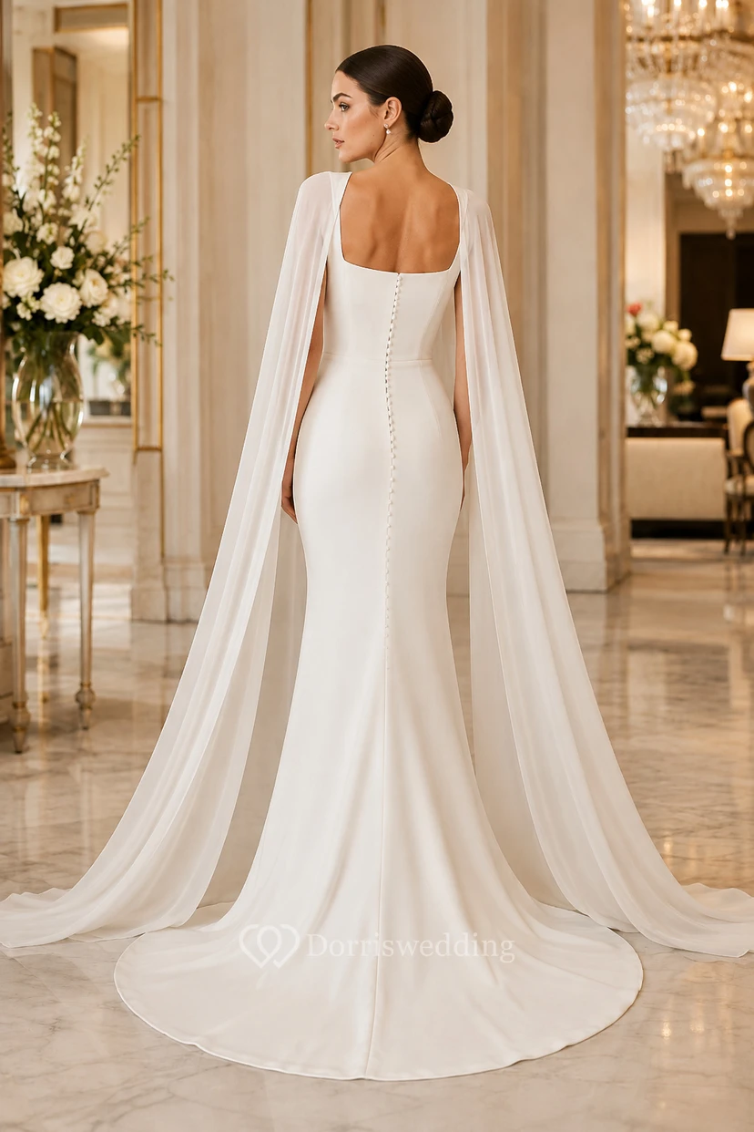 Robe de mariée fourreau en satin et tulle, col carré, sans manches, traîne. view 2