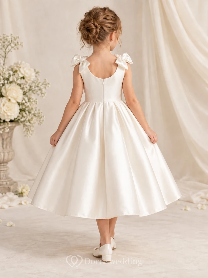 Tea-length Ivory Scoop Neck Shoulder Bow Satin Flower Girl Dress view 2