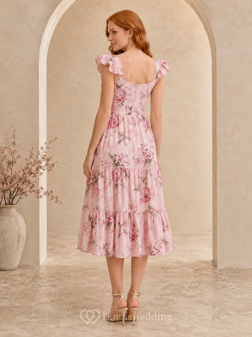 Pink Ruffle Strap Bird Floral Tiered Midi Dress view 2