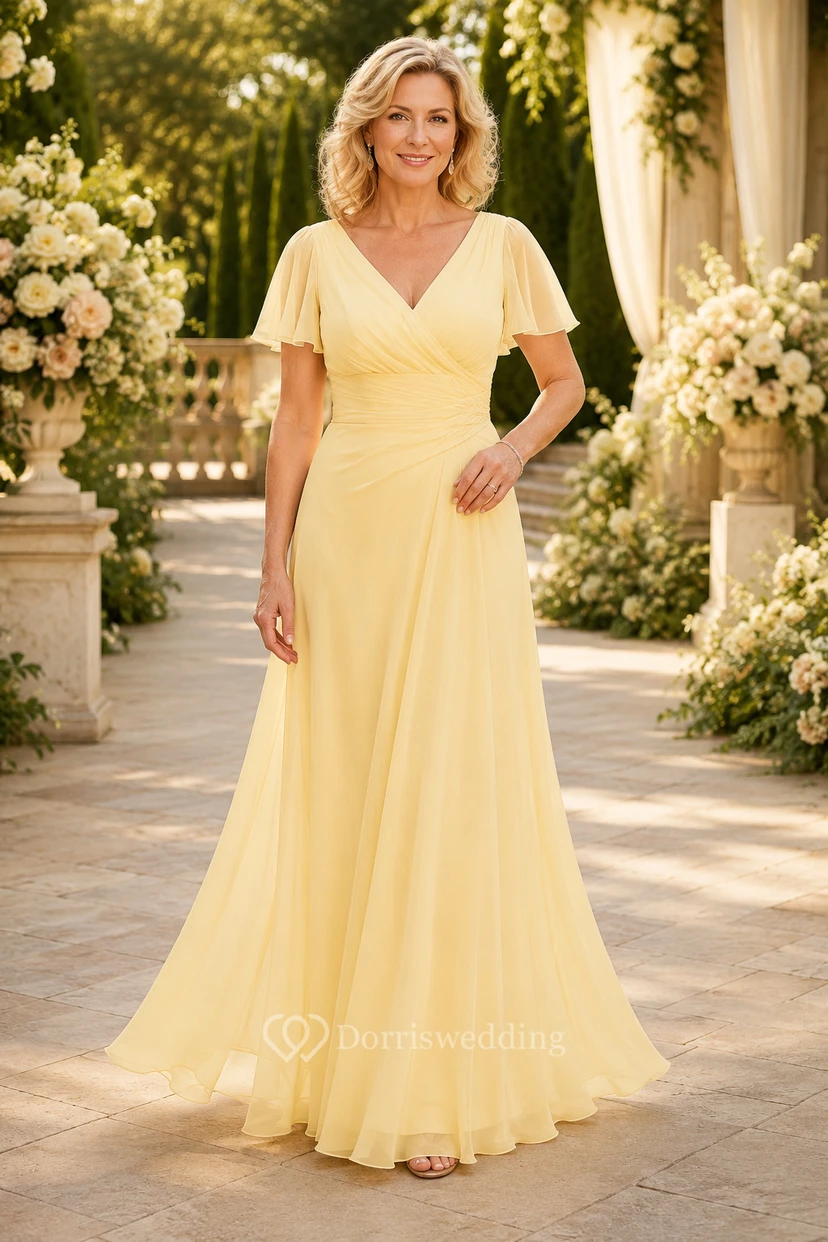 Narzissengelbes Chiffon-Kleid in A-Linie mit V-Ausschnitt und Volantärmeln