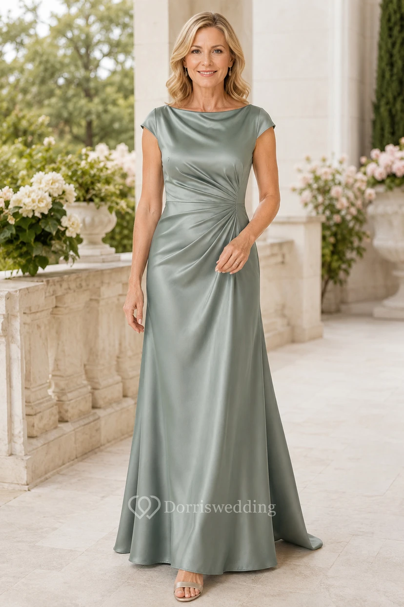 Sage Satin Cowl Neck A-Line Mother Dress with Side Draping