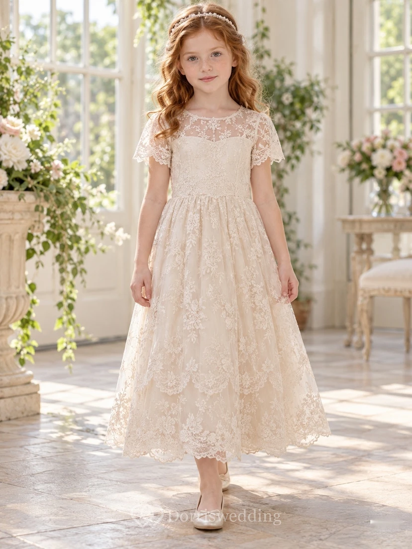 Champagne Floral Jewel Illusion Flutter Sleeve Ankle-length A-Line Gathered Tiered Scalloped Lace Flowergirl Dress