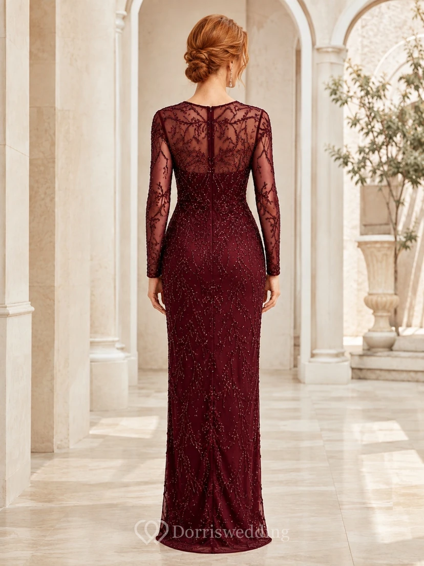 Burgundy Beaded Lace Jewel Neck Long Sleeve Sheath Floor Length Formal Evening Dress view 2