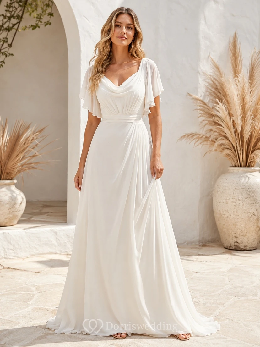 Vestido de novia blanco sencillo de corte A con escote en V y mangas cortas