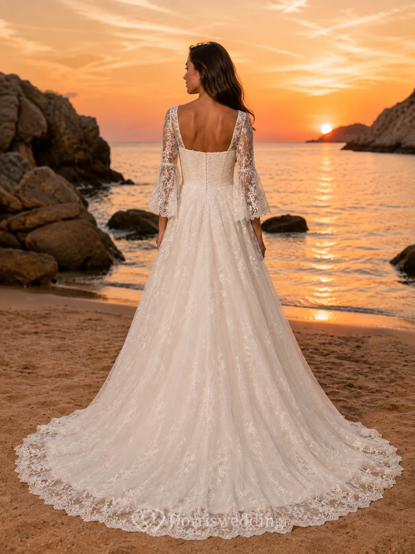 Long Lace Sleeve A Line Beach Boho Wedding Dress view 2